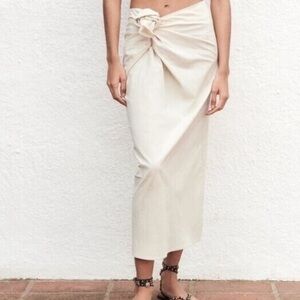 Zara Rosette Knotted Midi Skirt Cotton Cream Sarong Style S